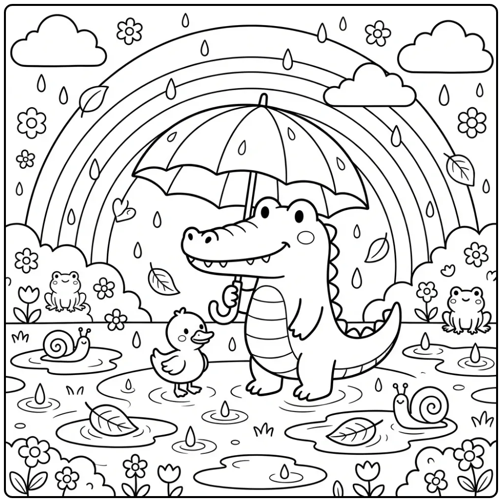 Crocodile coloring page showing a crocodile under an umbrella