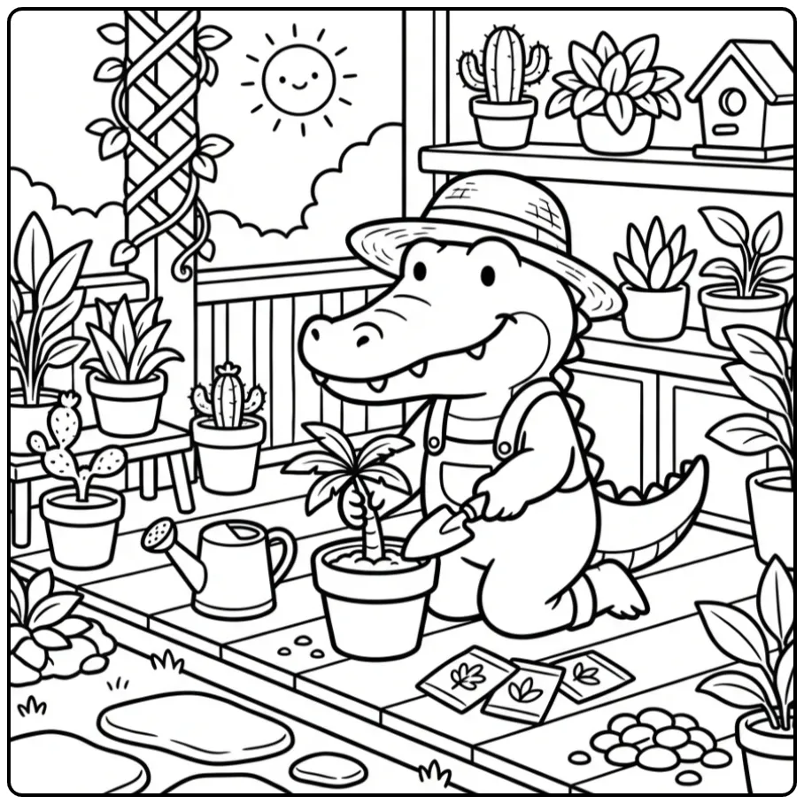 Crocodile coloring page showing a crocodile gardening on a porch