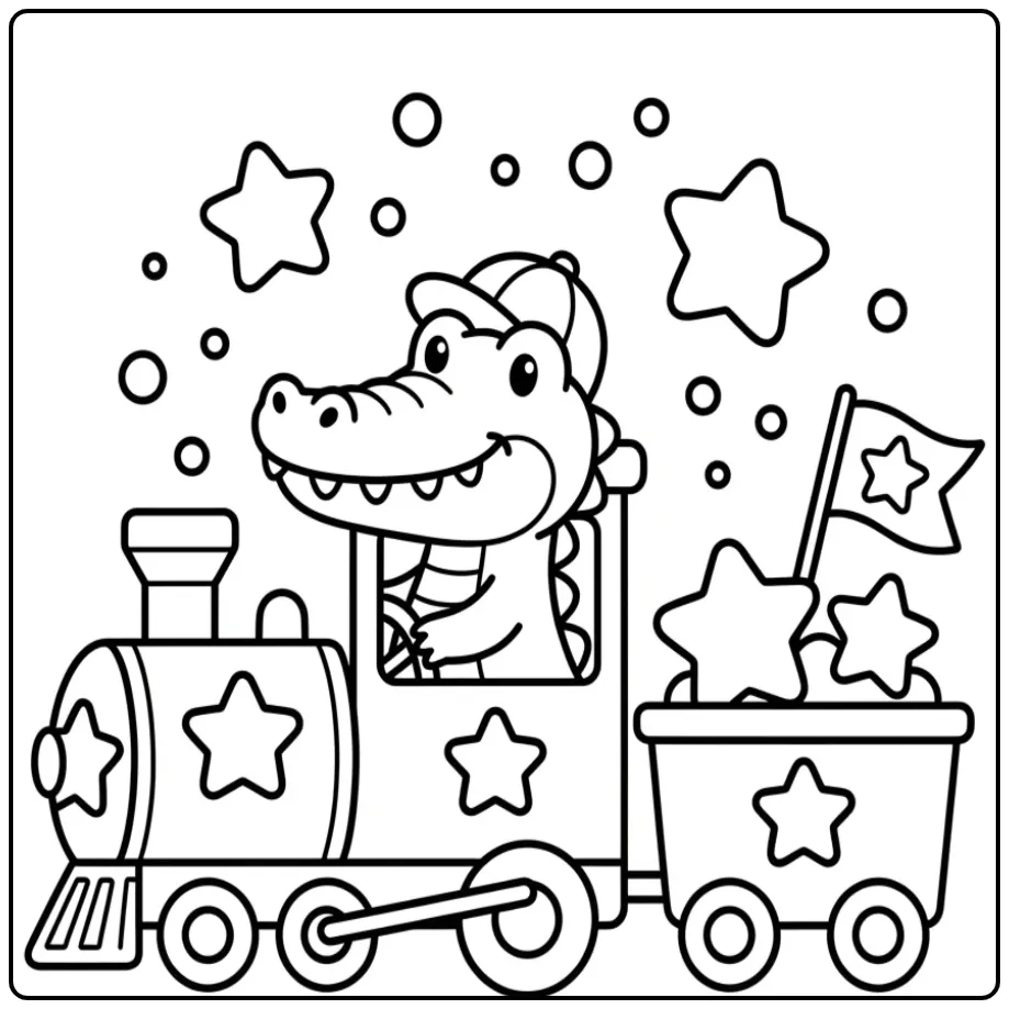 Crocodile coloring page for toddlers featuring a toy train