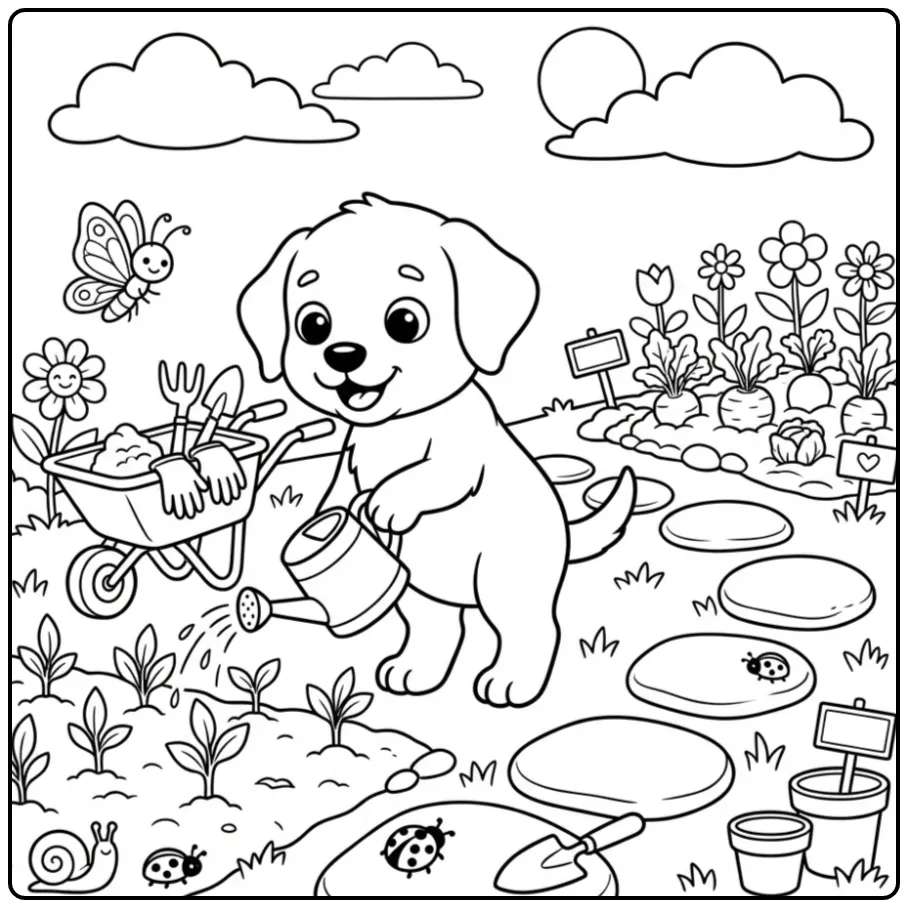 Cute Labrador in the Garden with a Wheelbarrow coloring page