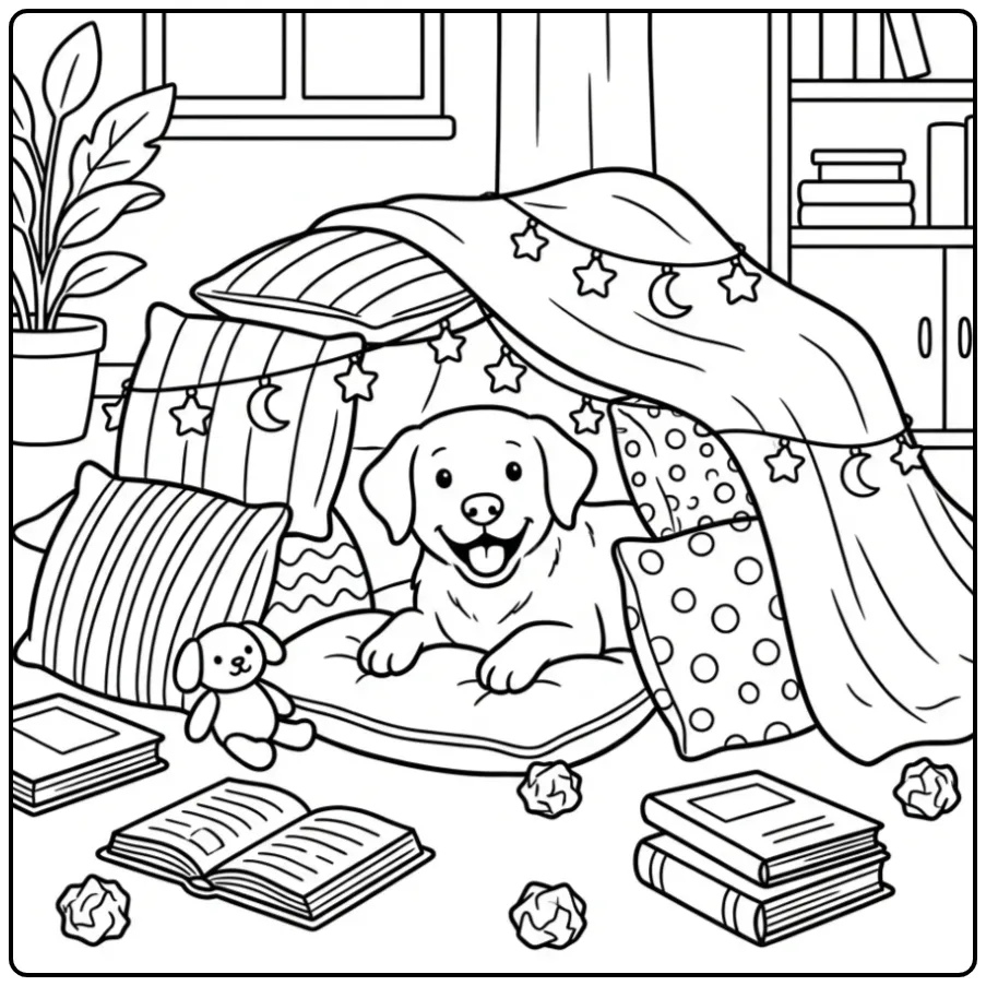 Cute Labrador in a Cozy Pillow Fort coloring page