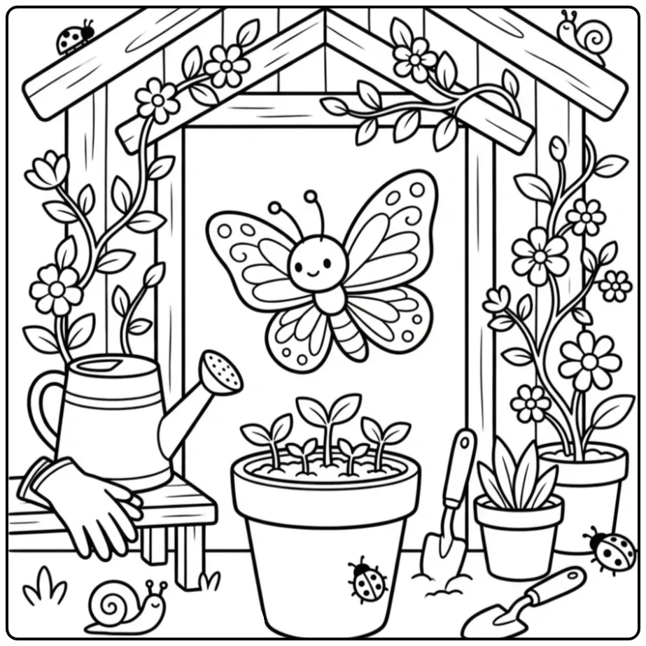 Spring butterfly coloring page by a garden shed