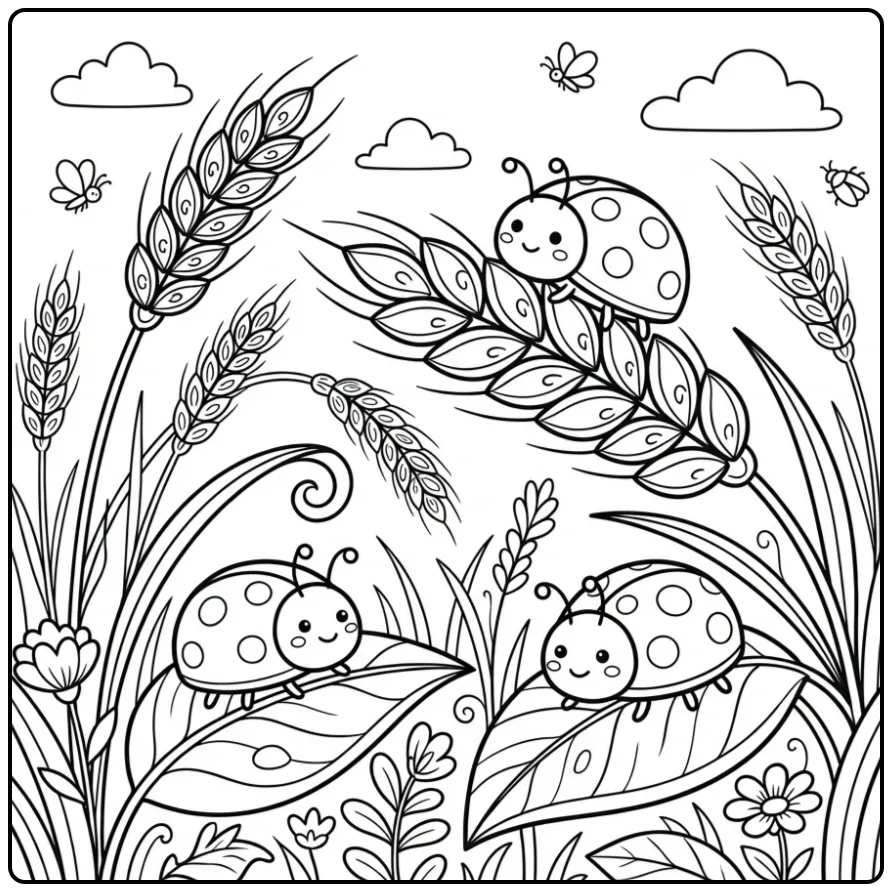 Ladybug coloring page with beetles in a grain field