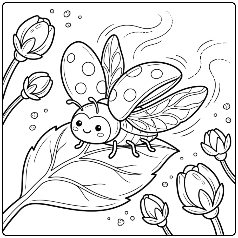Ladybug coloring page flying away from a leaf