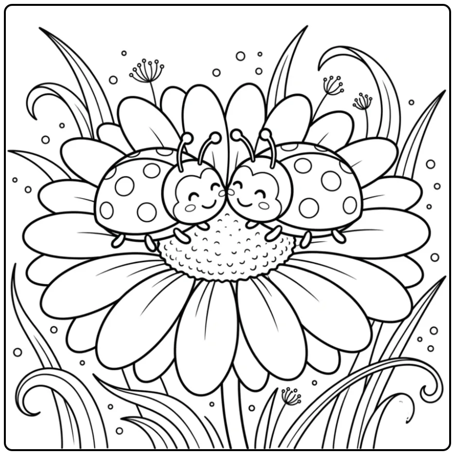 Ladybug coloring page with two friends on a flower