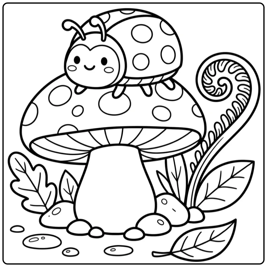 Printable ladybug coloring page in the forest