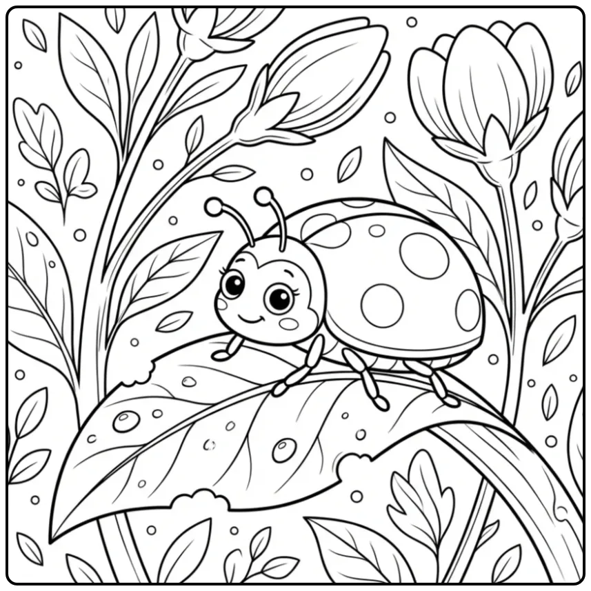 Realistic ladybug coloring page on a dewy leaf