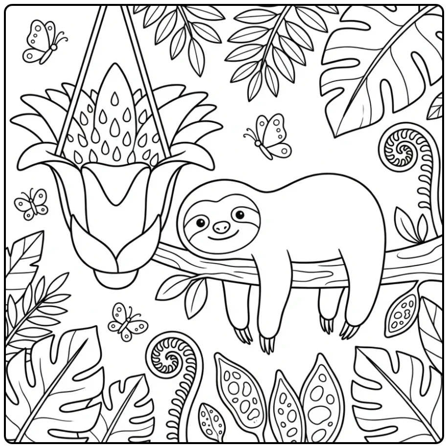 Sloth coloring page resting among ferns and butterflies