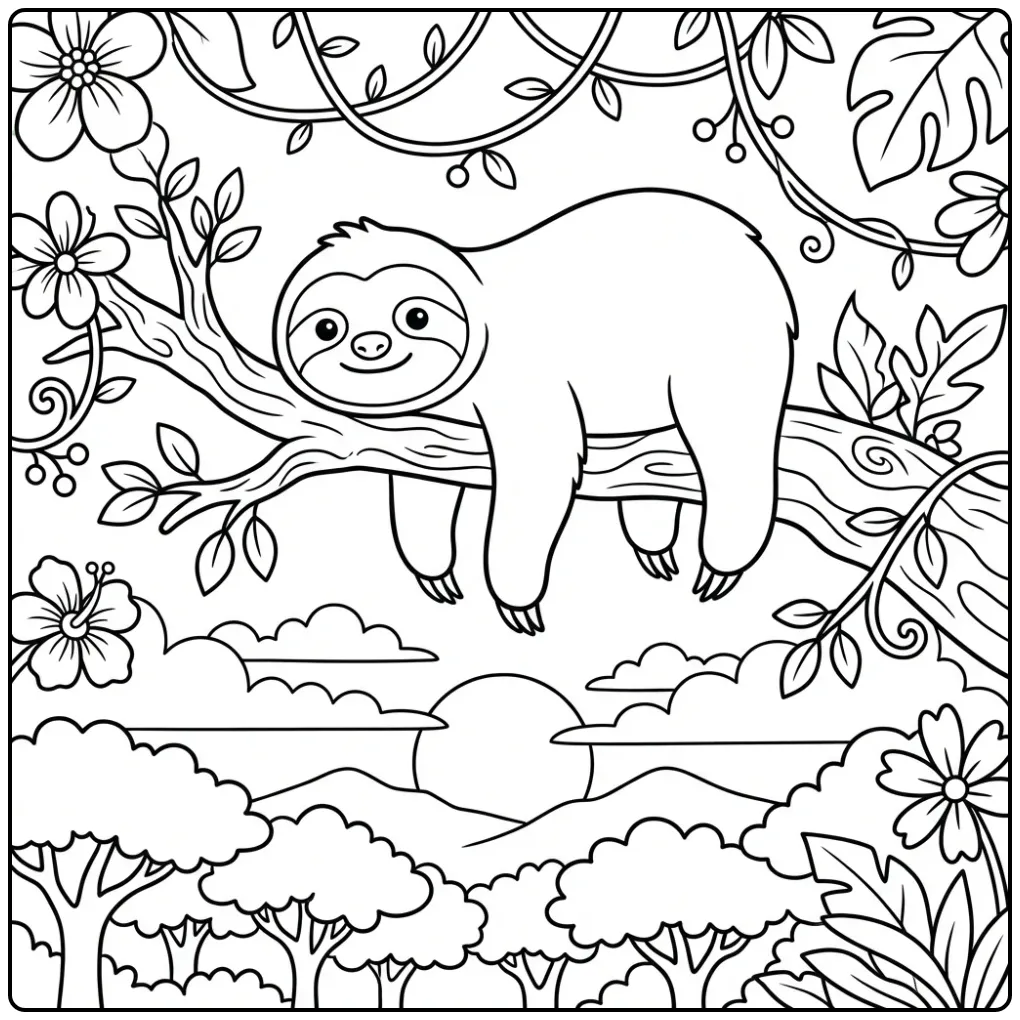 Cute sloth coloring page on a branch at sunset