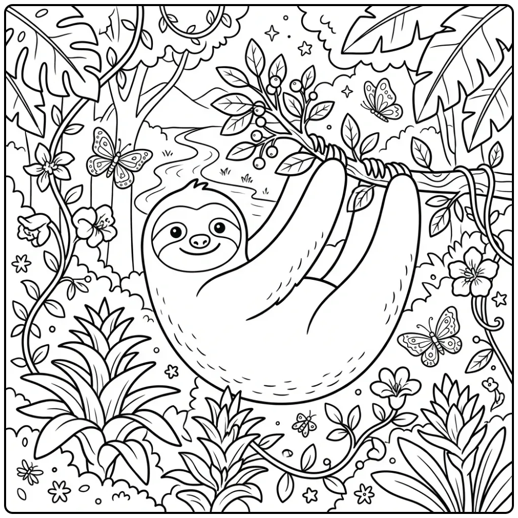 Sloth coloring page stretching for leaves in the forest