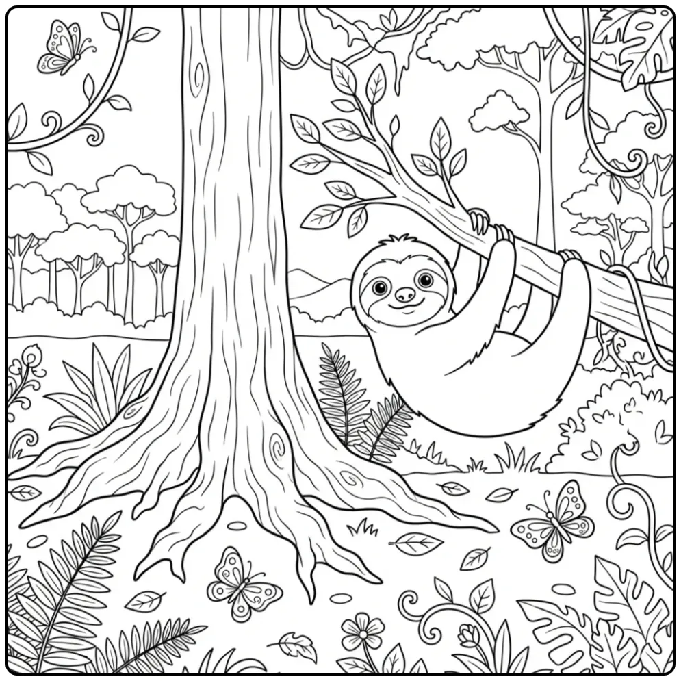 Cute sloth coloring page beside a large forest tree