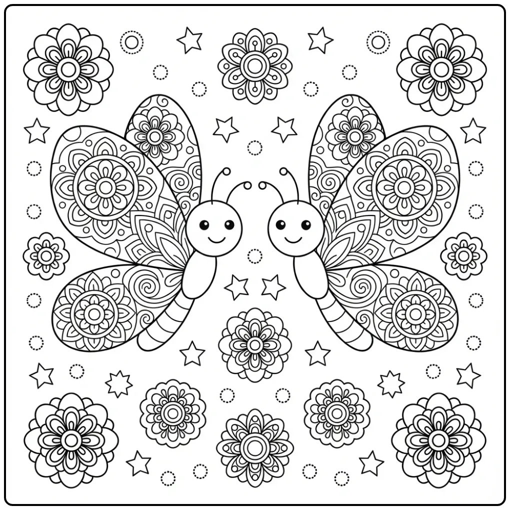Mandala butterfly coloring page with stars