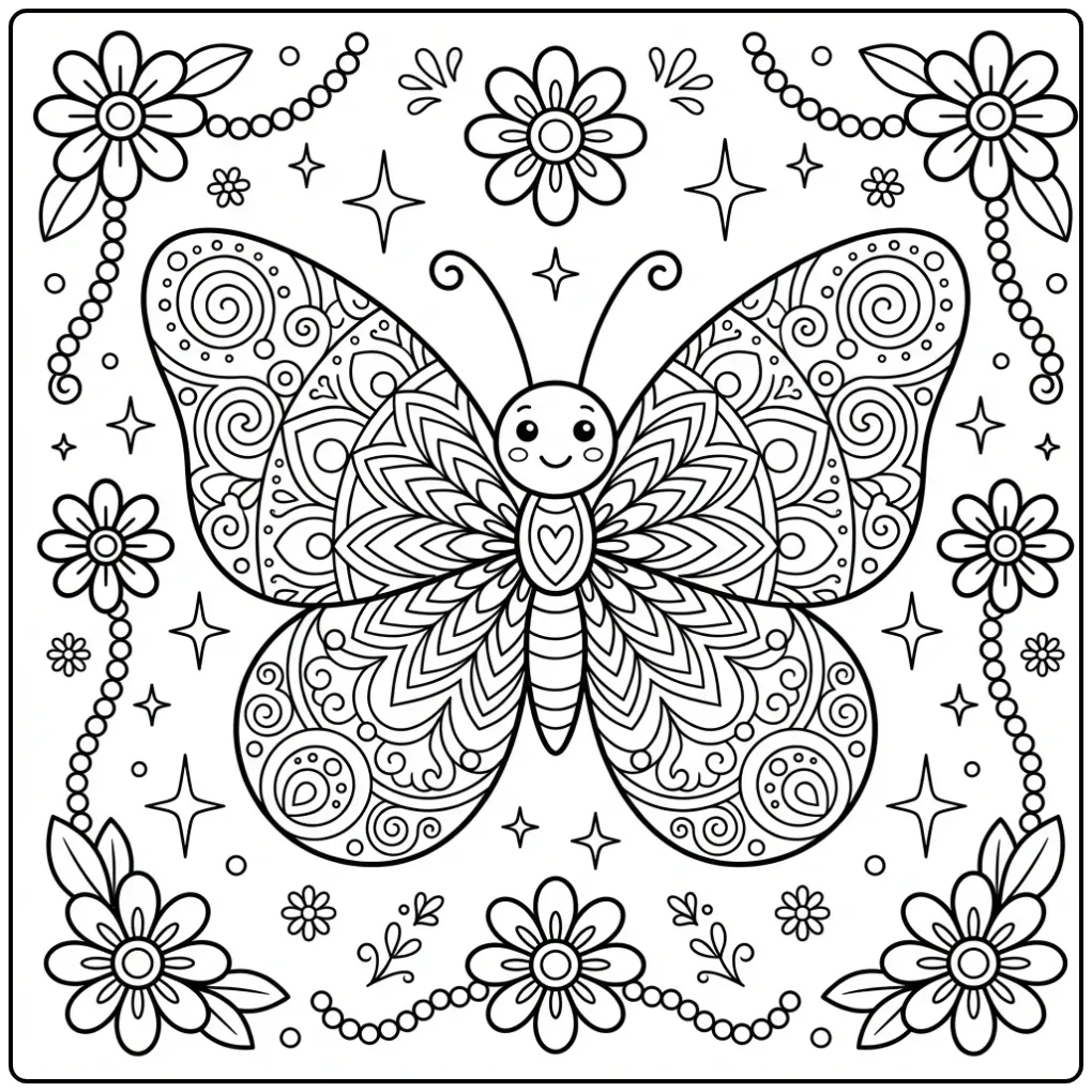 Mandala butterfly coloring page with round wings