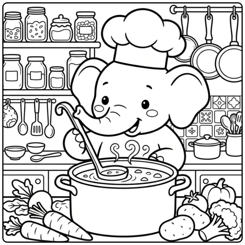 Elephant coloring page with a chef making soup