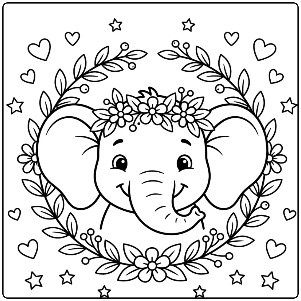 Easy elephant coloring page with flowers and hearts