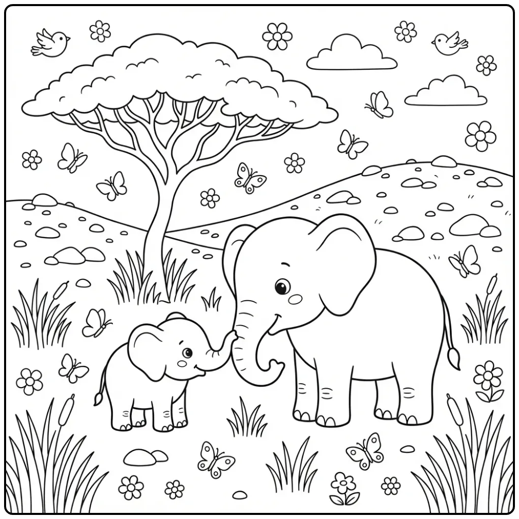 Elephant coloring page with a mother and baby on the savanna