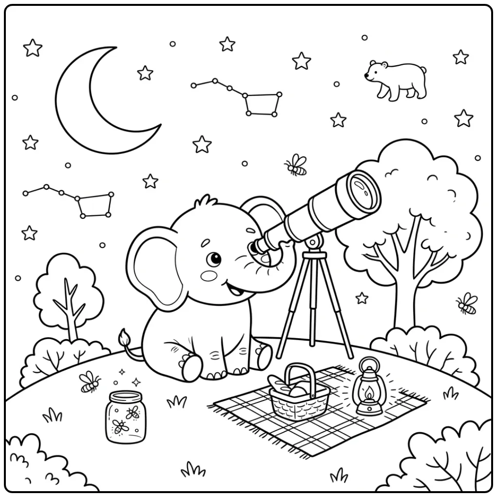 Elephant coloring page looking through a telescope at the moon
