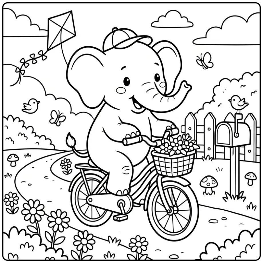 Elephant coloring page riding a bicycle past flowers