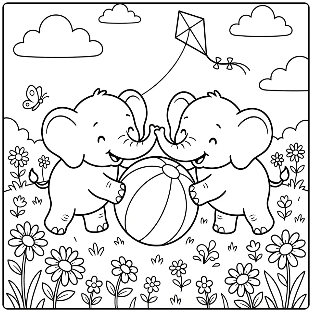 Baby elephant coloring page playing with a big ball