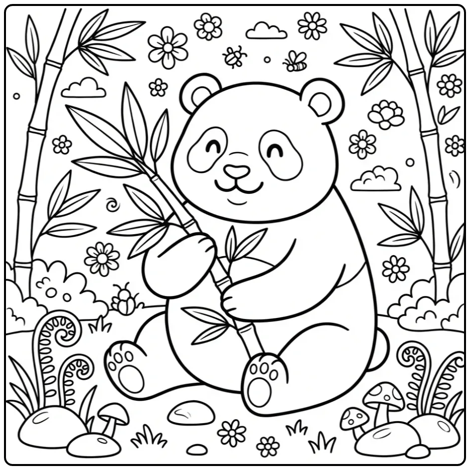 Panda coloring page sitting with bamboo
