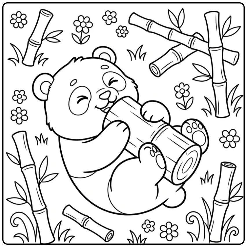 Panda coloring page lying on its back with bamboo