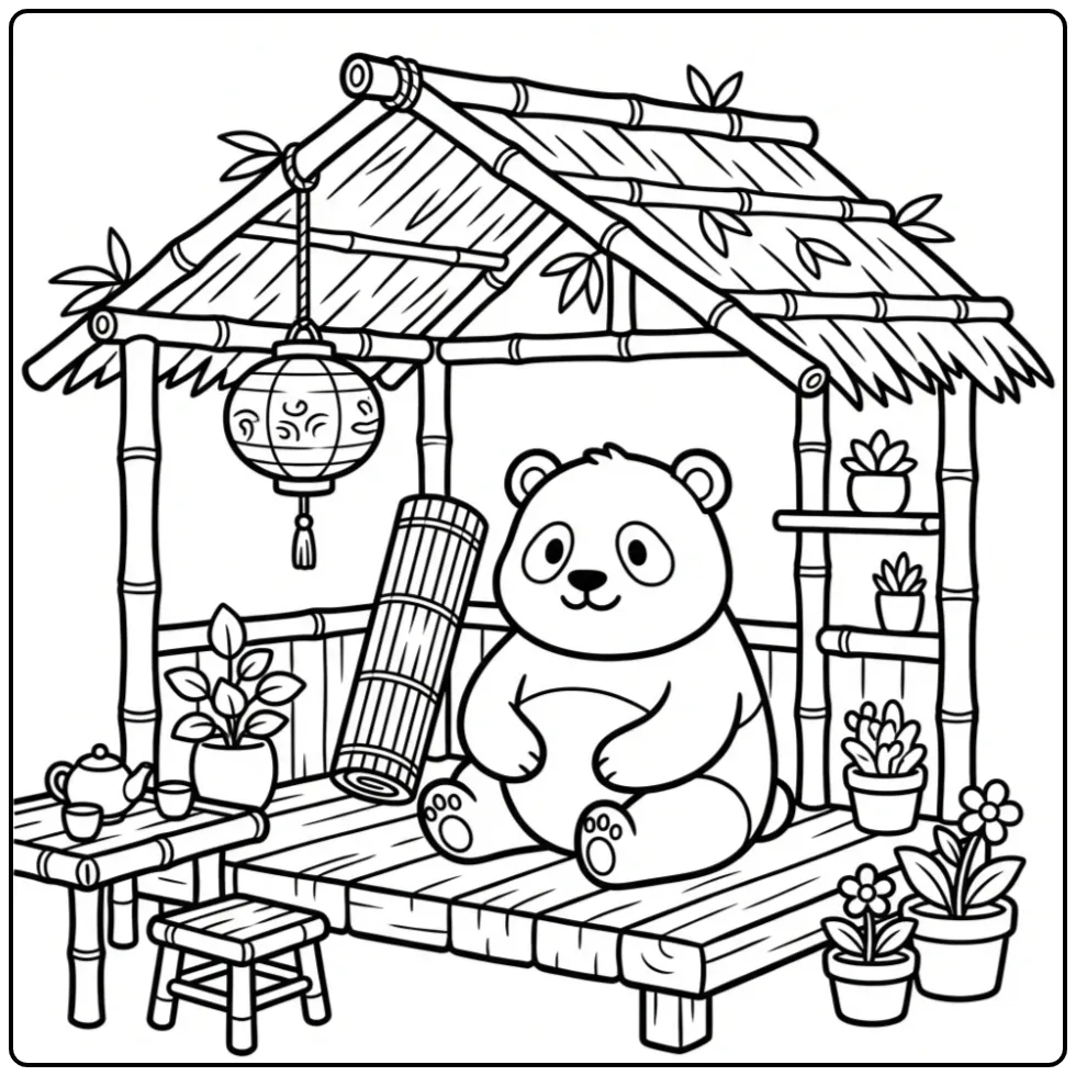 Panda coloring page sitting in a bamboo hut