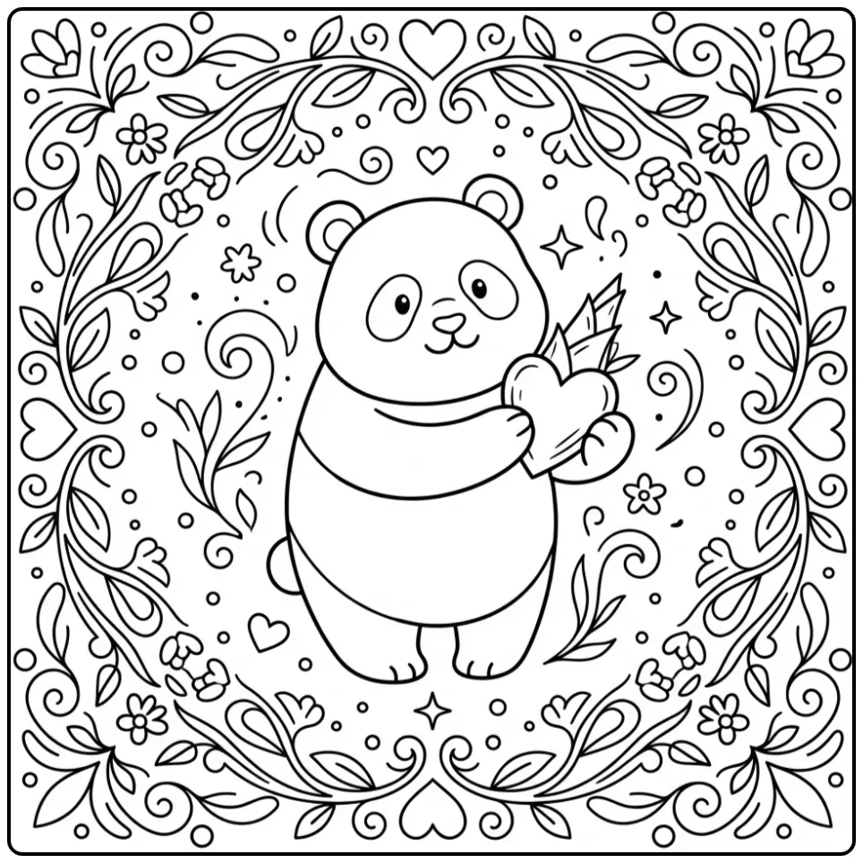Panda with heart coloring page among flowers and leaves