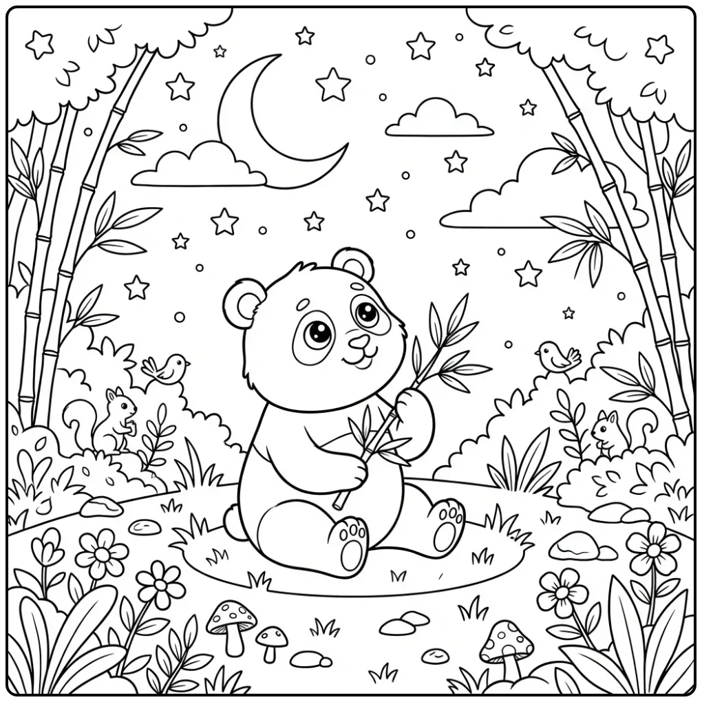 Panda coloring page looking at the moon with bamboo
