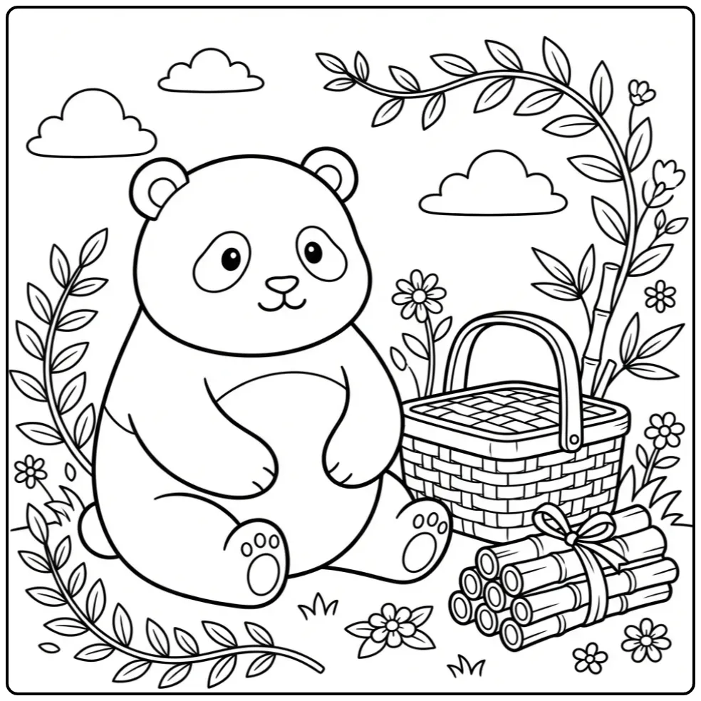 Panda coloring page having a bamboo picnic