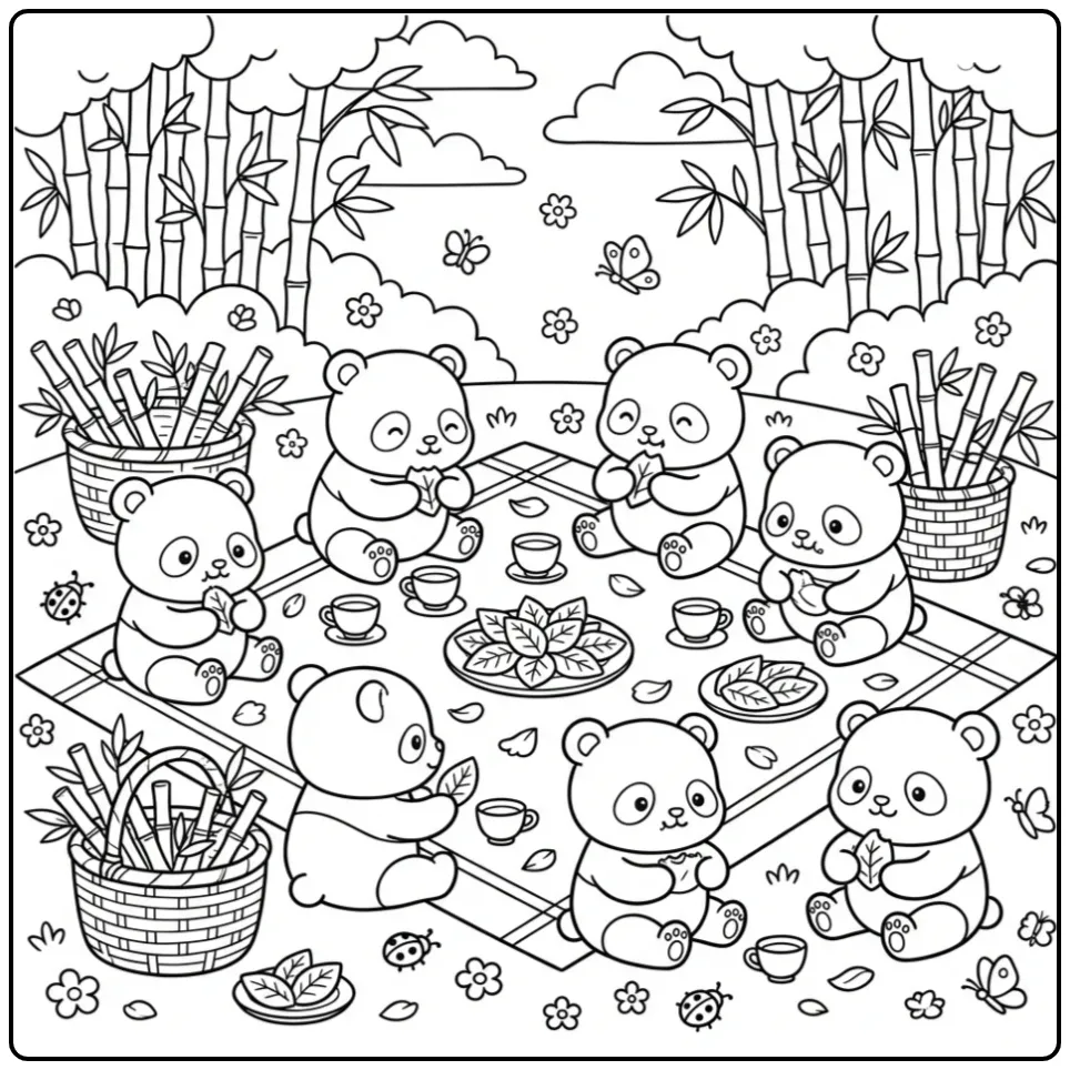 Little pandas coloring page during a bamboo picnic