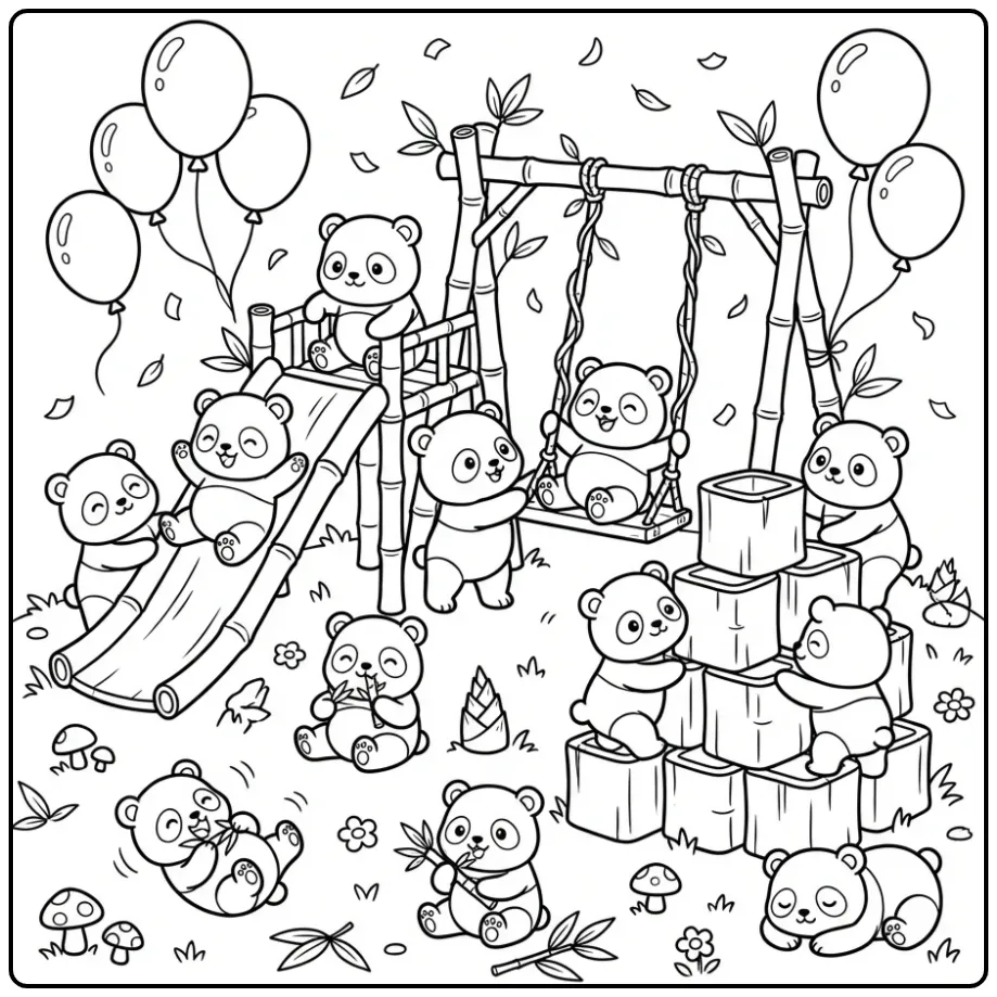 Little pandas coloring page with balloons and a slide
