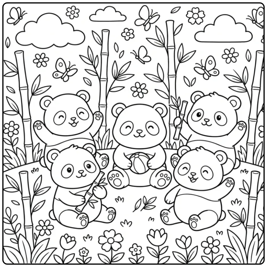 Little pandas coloring page with bamboo and butterflies