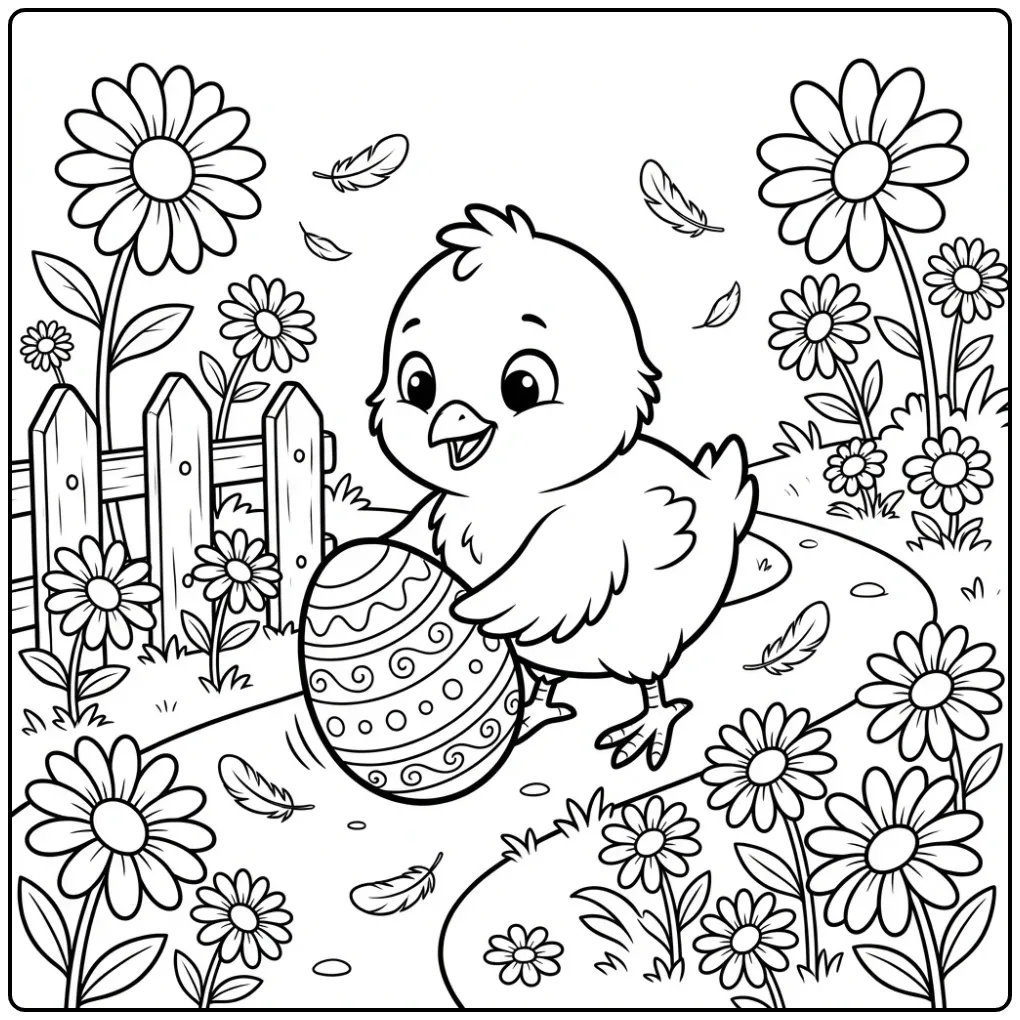 Easter chick coloring page rolling a large egg