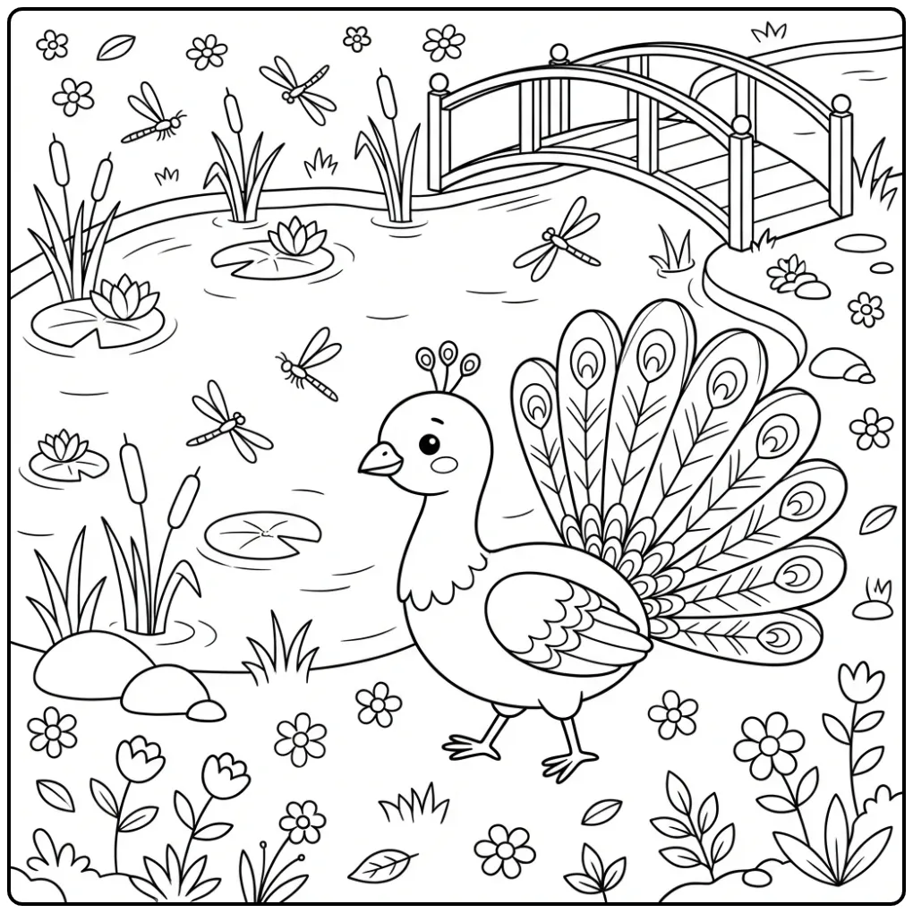 Peacock coloring page walking beside water