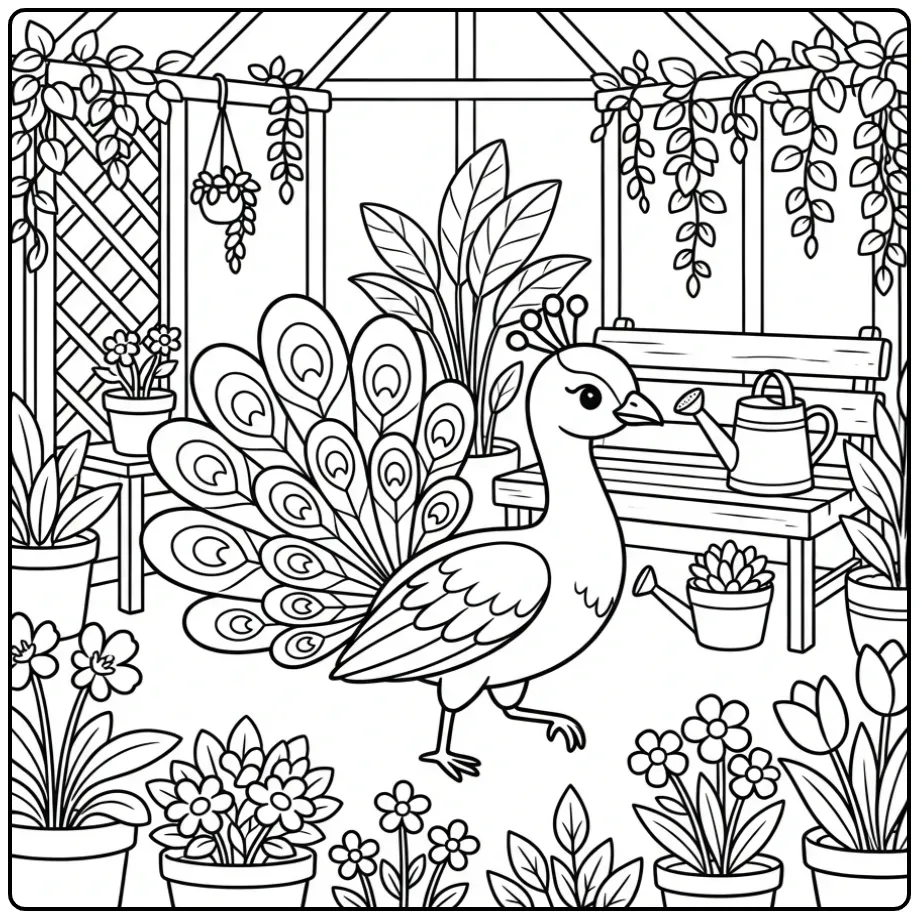 Peacock coloring page walking among plants