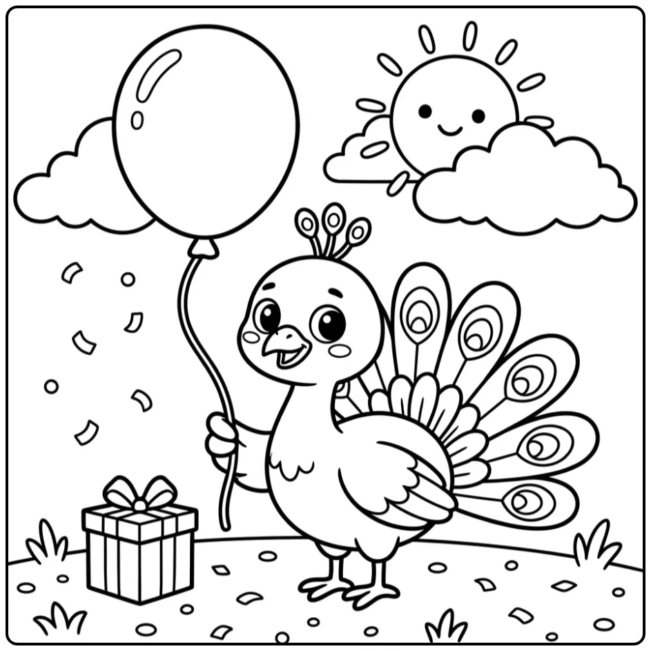 Easy peacock coloring page with a big balloon