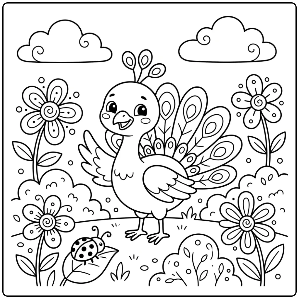 Easy peacock coloring page waving in a garden