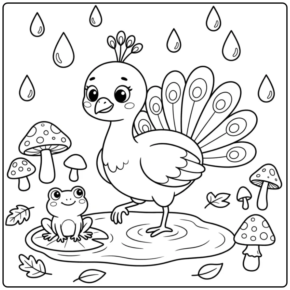 Easy peacock coloring page jumping over a rain puddle