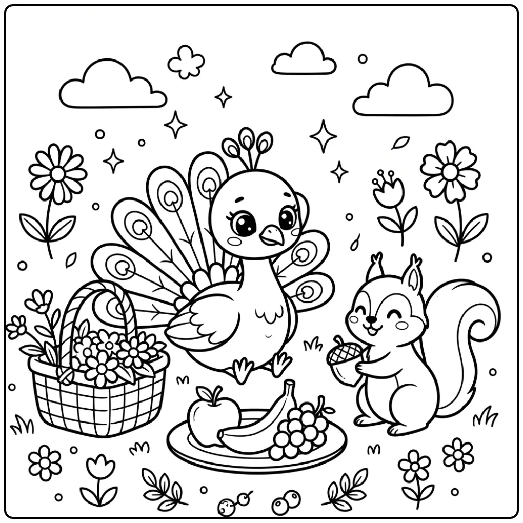 Easy peacock coloring page with fruit and a squirrel