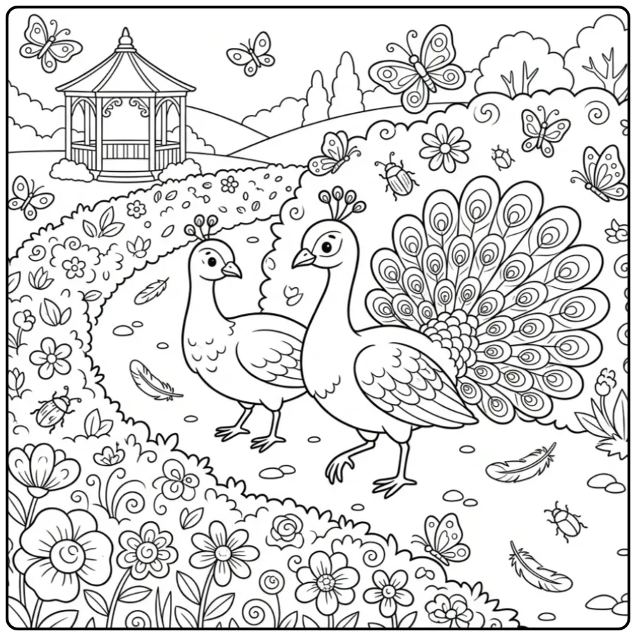 Peacock coloring page with a peahen by a hedge