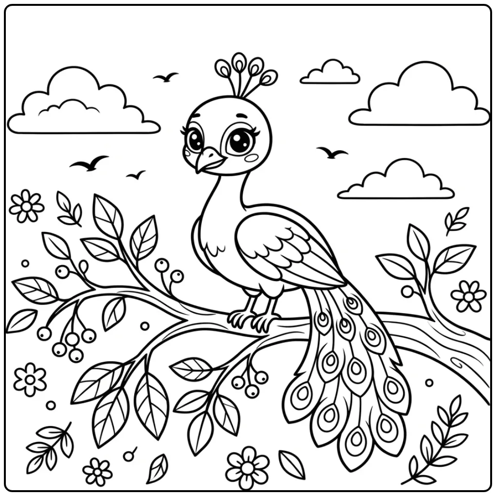 Peacock coloring page on a branch with berries and birds