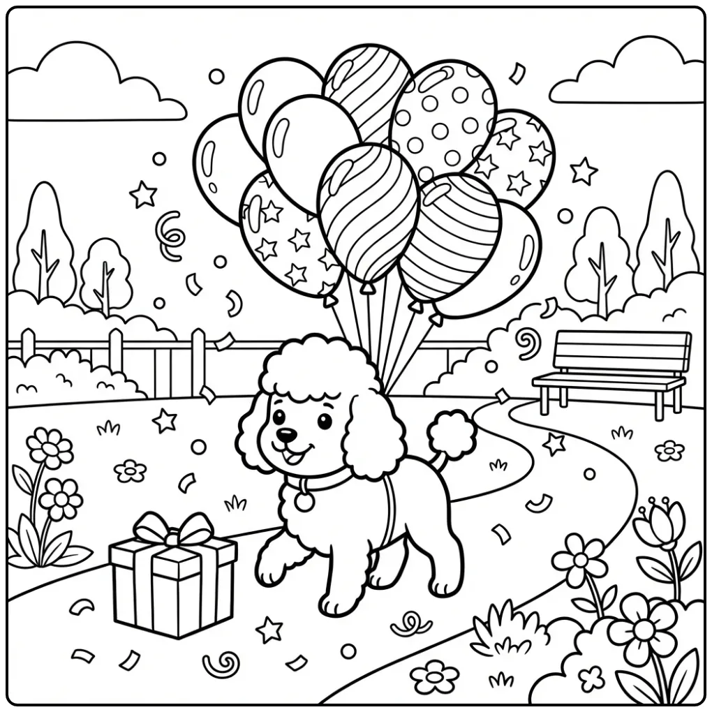 Cute Poodle with Festive Balloons coloring page