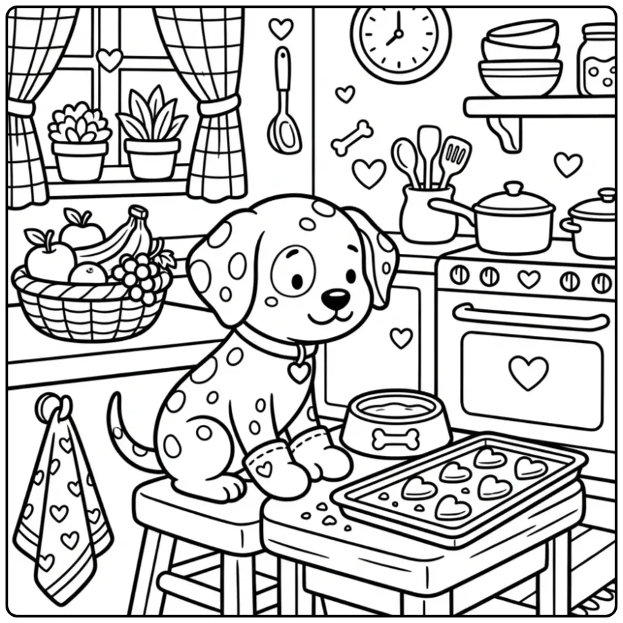Cute Dalmatian Puppy with Cookies coloring page