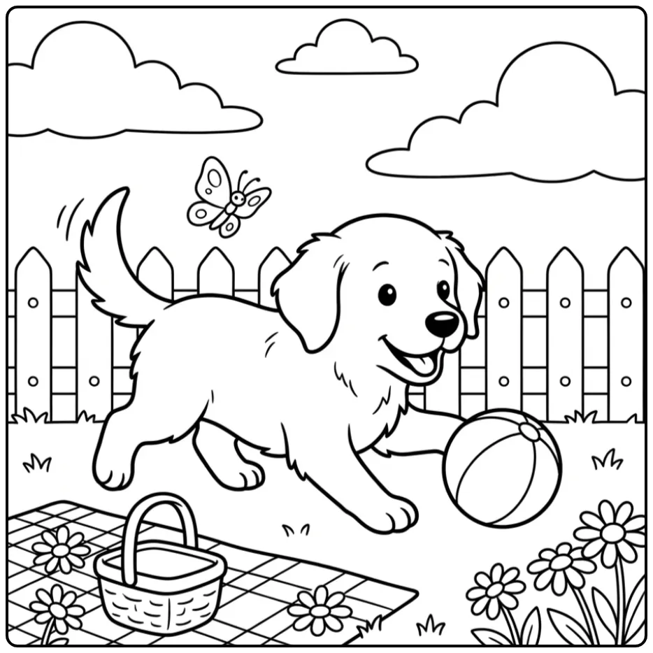 Cute Puppy Playing in the Garden coloring page