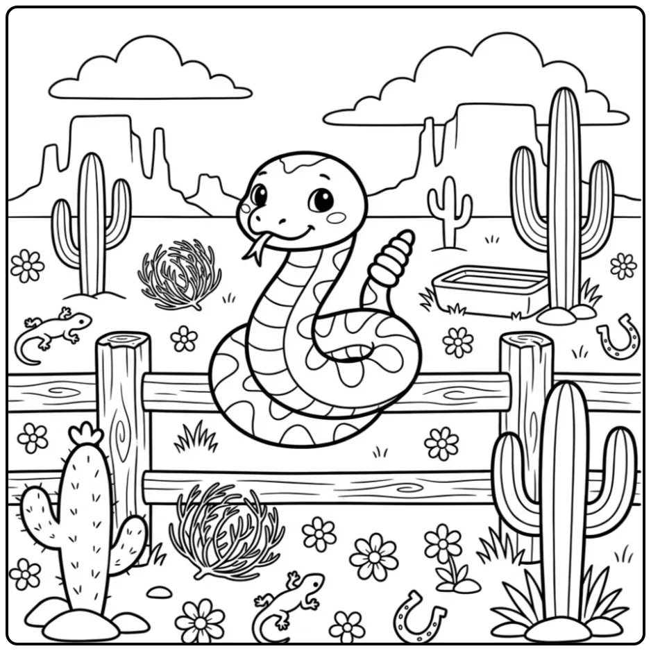 Rattlesnake coloring page showing a cartoon snake on a fence