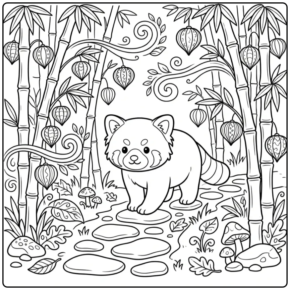 Red panda coloring page walking through a bamboo forest