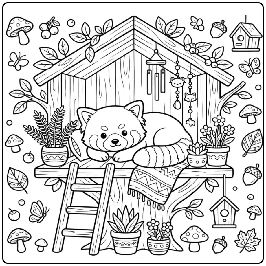 Red panda coloring page resting in a cozy treehouse