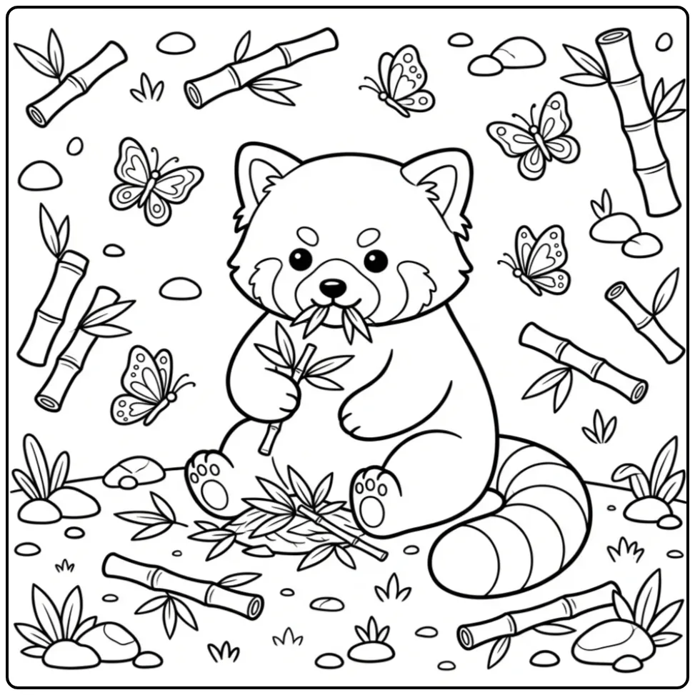 Red panda coloring page eating bamboo while sitting