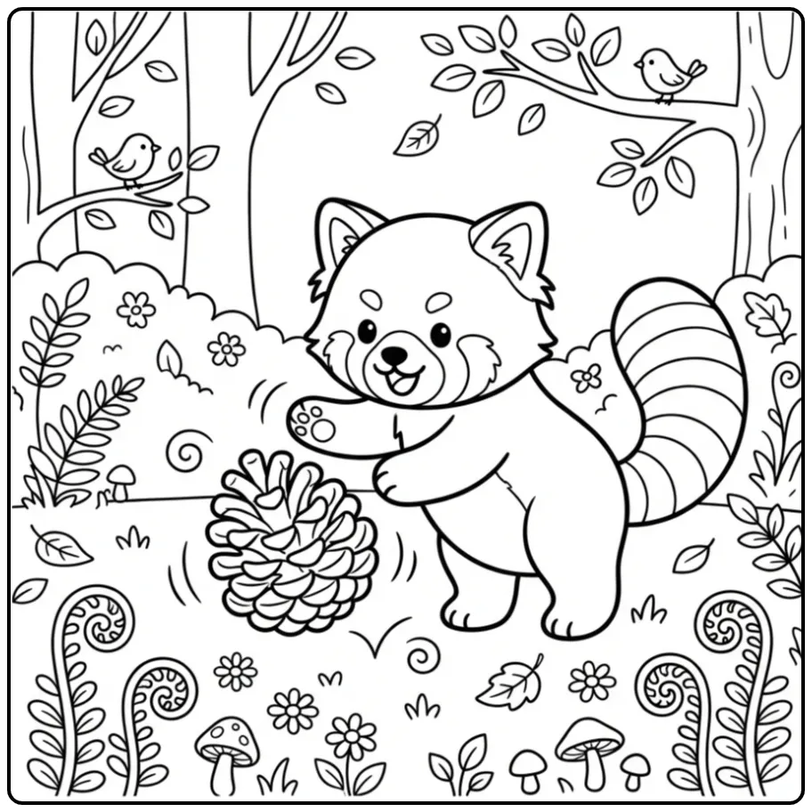 Red panda coloring page among ferns and flowers