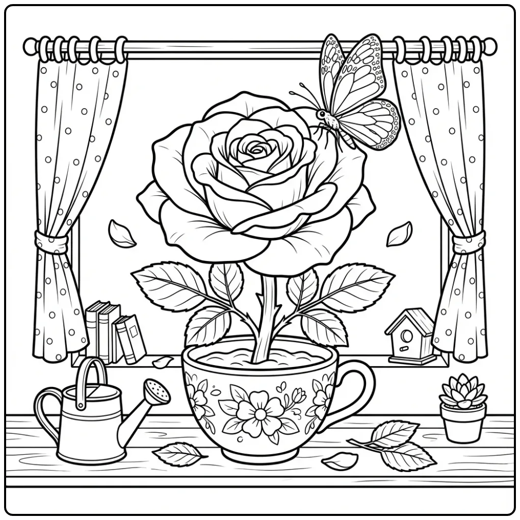 Rose and butterfly coloring page on a windowsill